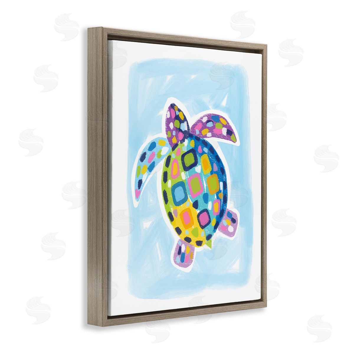 Mosaic Turtle on Blue Brown Floating Frame Canvas Wall Art, Home Decor by Lisa Nohren