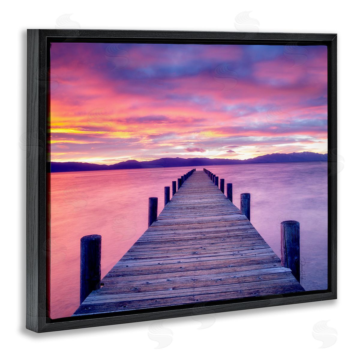 Purple Sunset Dock Black Floating Frame Canvas Wall Art, Home Decor by Dennis Frates