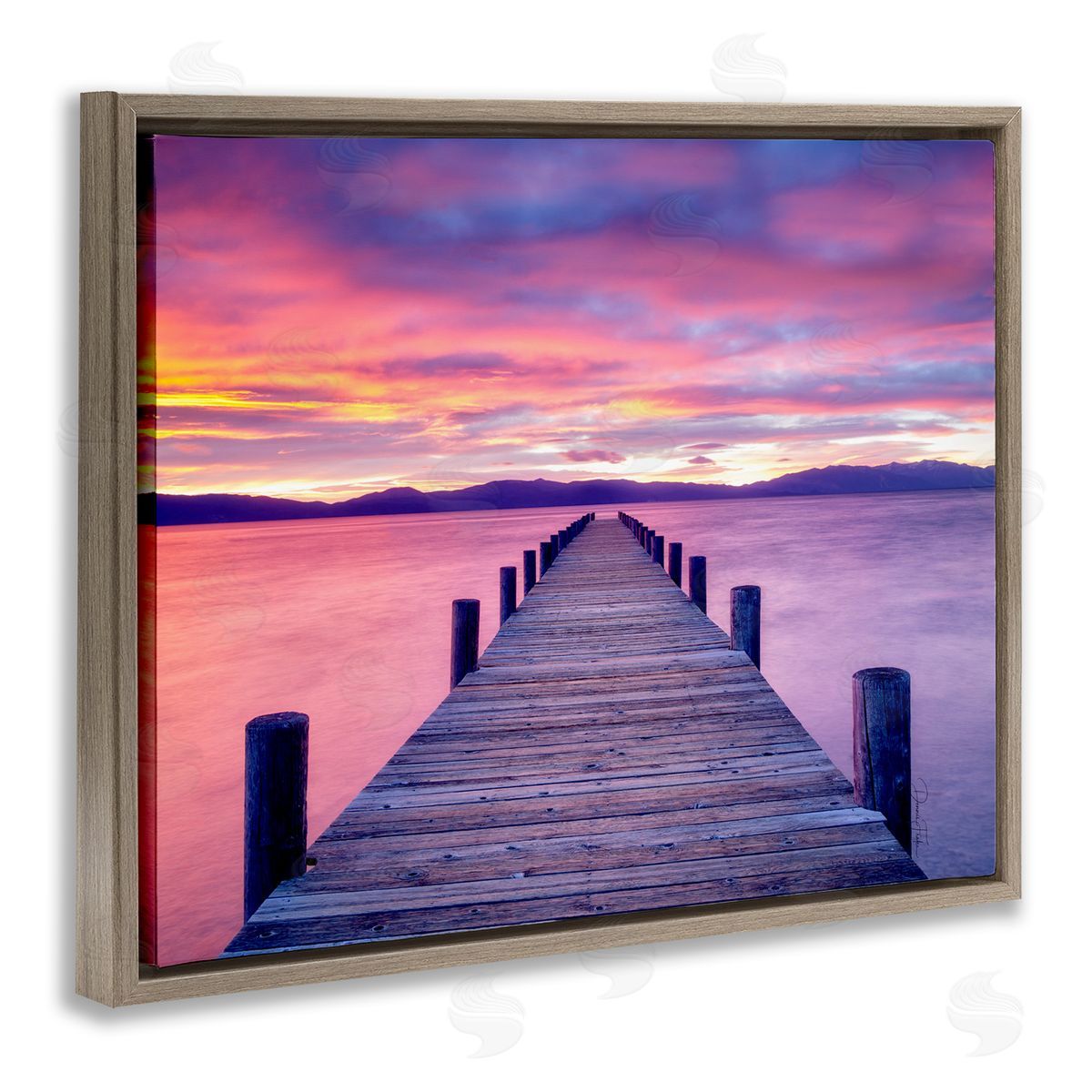 Purple Sunset Dock Brown Floating Frame Canvas Wall Art, Home Decor by Dennis Frates
