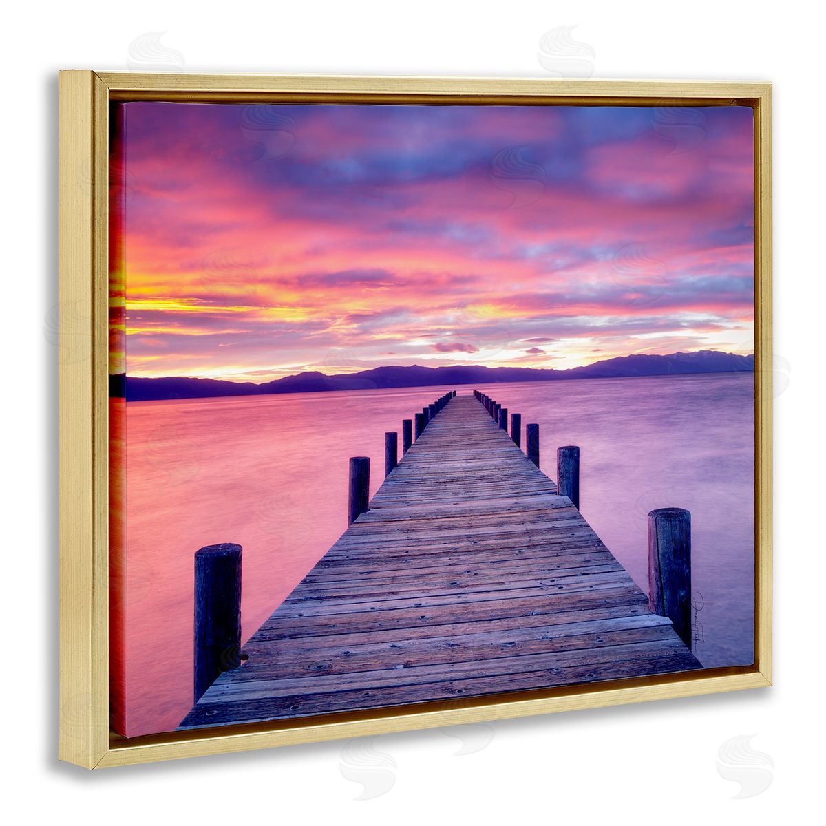 Purple Sunset Dock Gold Floating Frame Canvas Wall Art, Home Decor by Dennis Frates