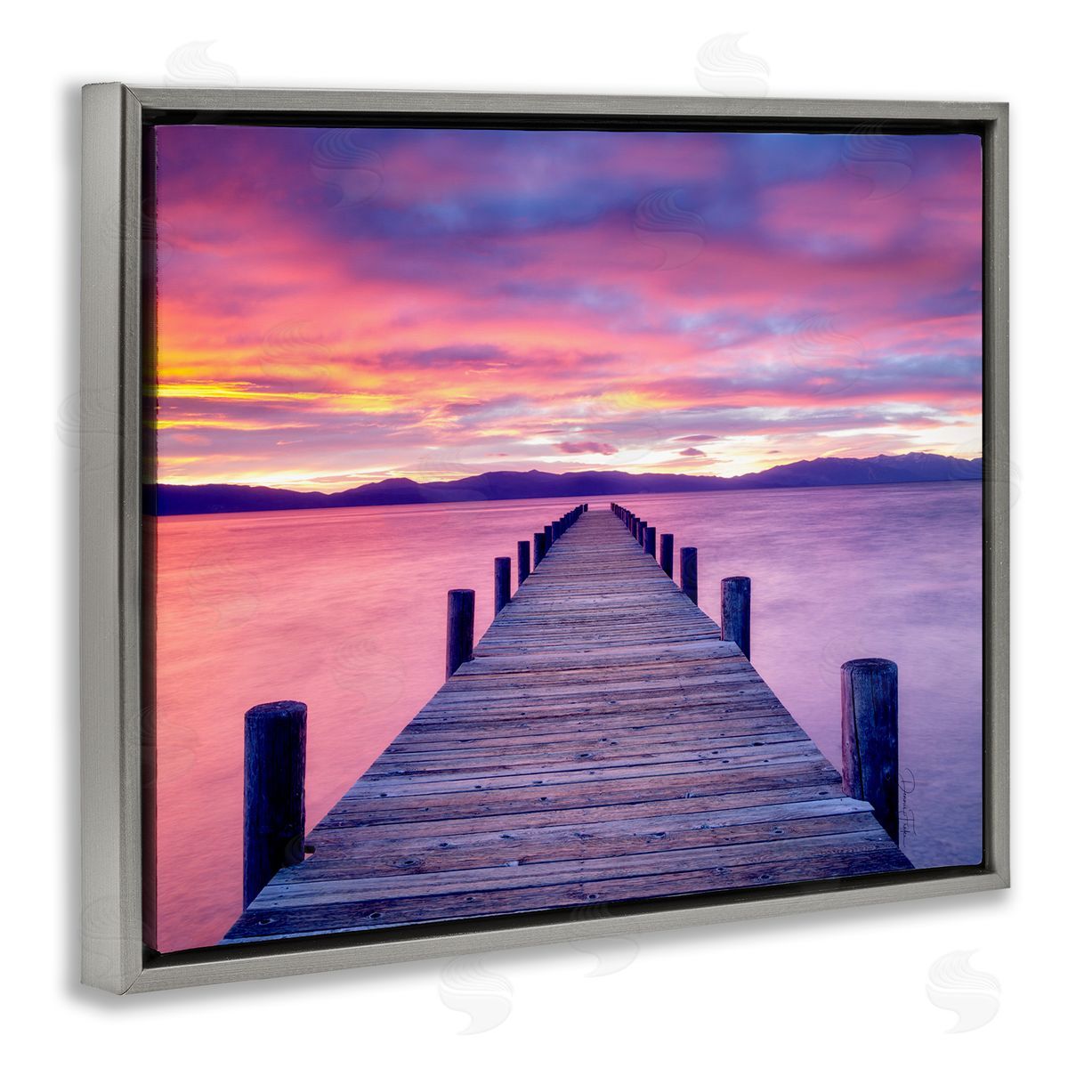 Purple Sunset Dock Grey Floating Frame Canvas Wall Art, Home Decor by Dennis Frates