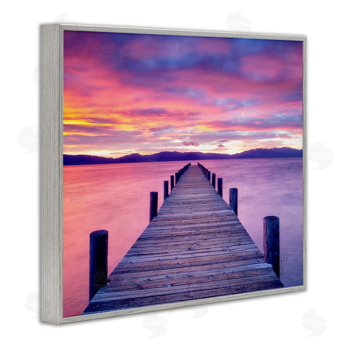 Purple Sunset Dock Grey Frame Print Wall Art, Home Decor by Dennis Frates