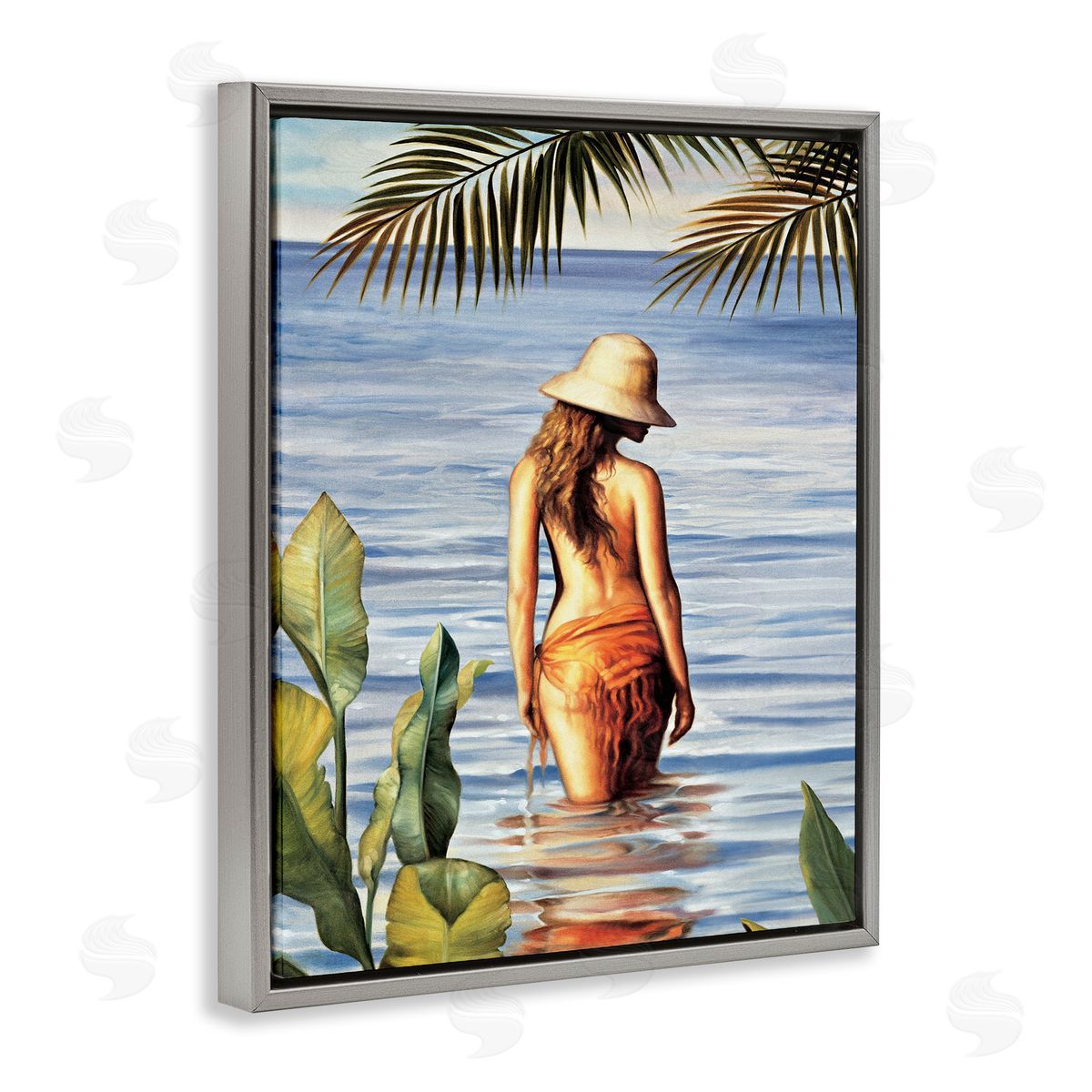Migdalia Arellano Woman Wading Beach Gray Floating Frame Canvas Wall Art Print