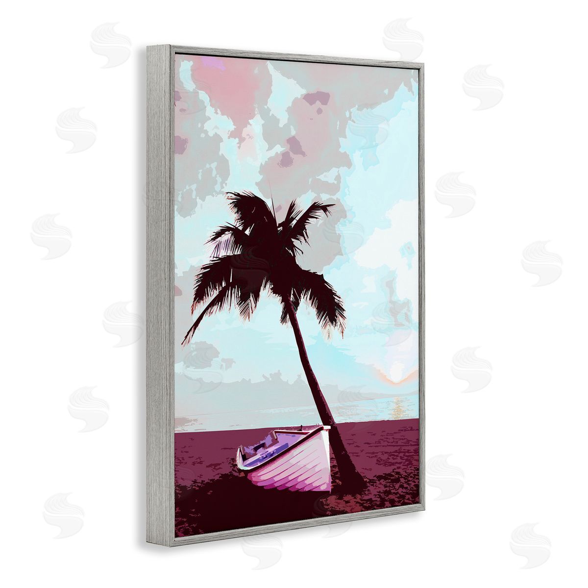 Boat and Palm Tree Grey Frame Print Wall Art, Home Decor by Marcus Prime