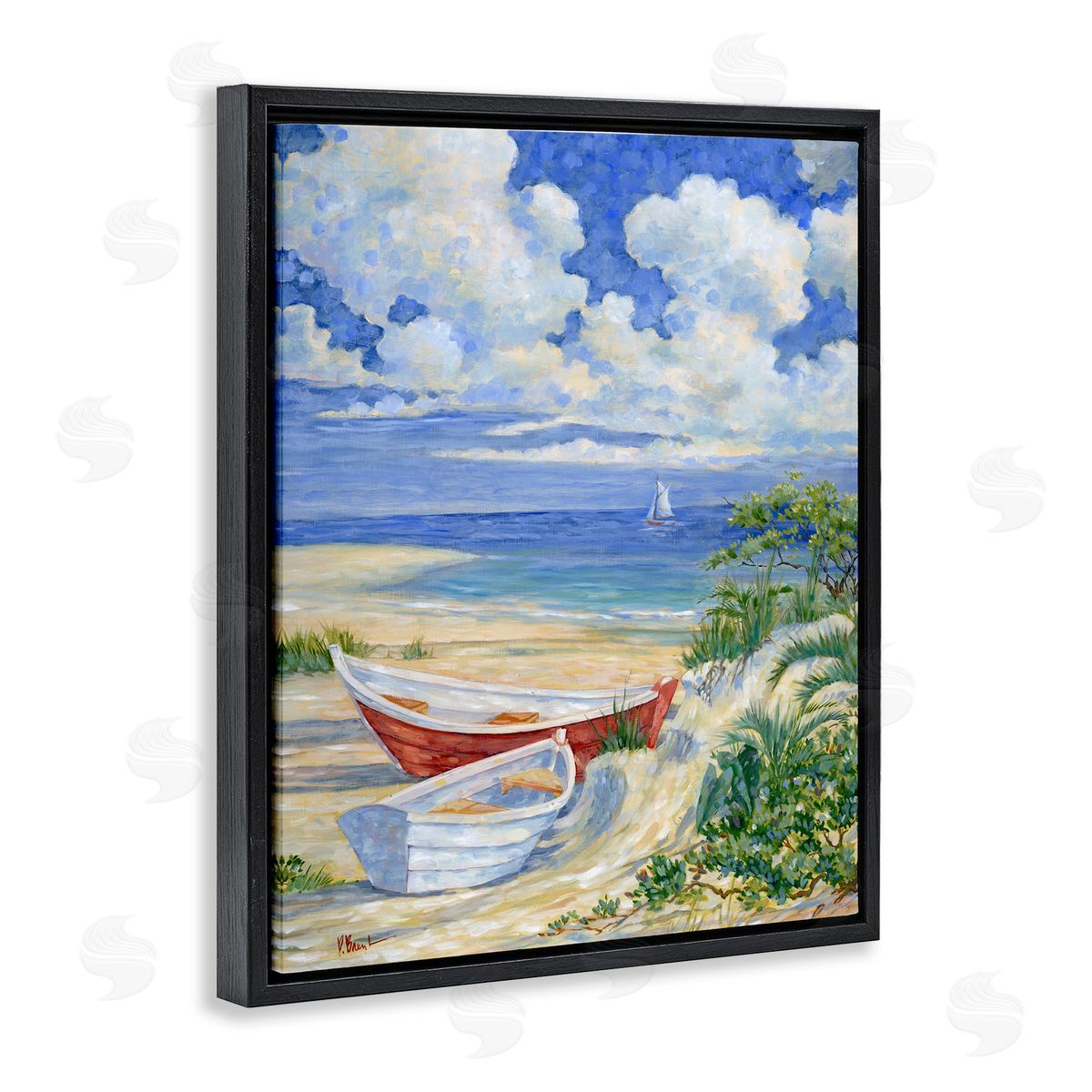 Two Boats on Sand Black Floating Frame Canvas Wall Art, Home Decor by Paul Brent
