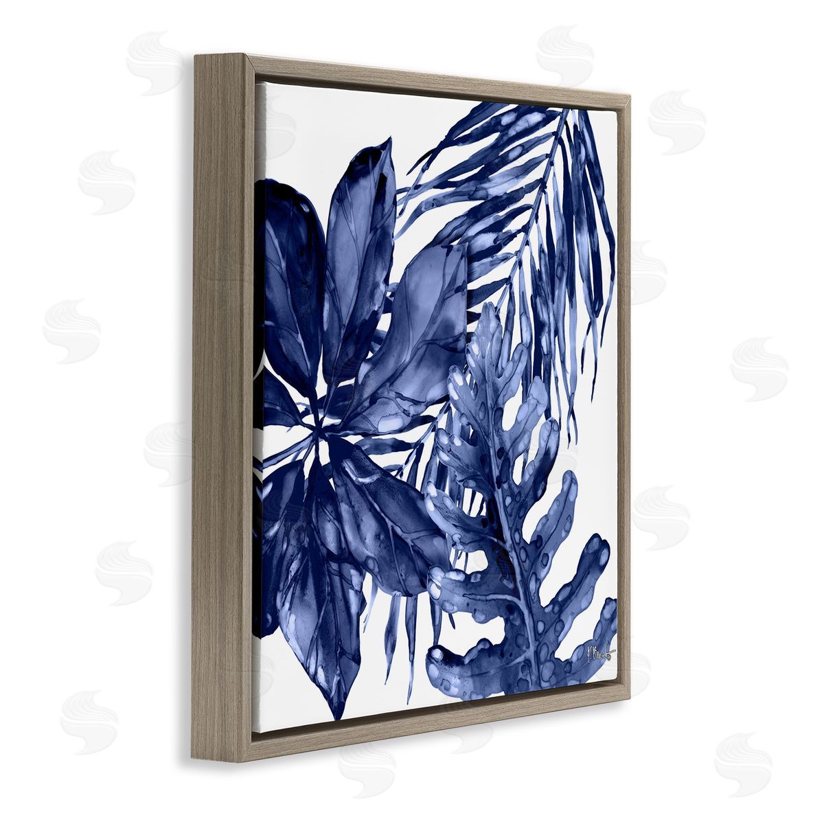 Blue Hued Plant Leaves Brown Floating Frame Canvas Wall Art, Home Decor by Paul Brent
