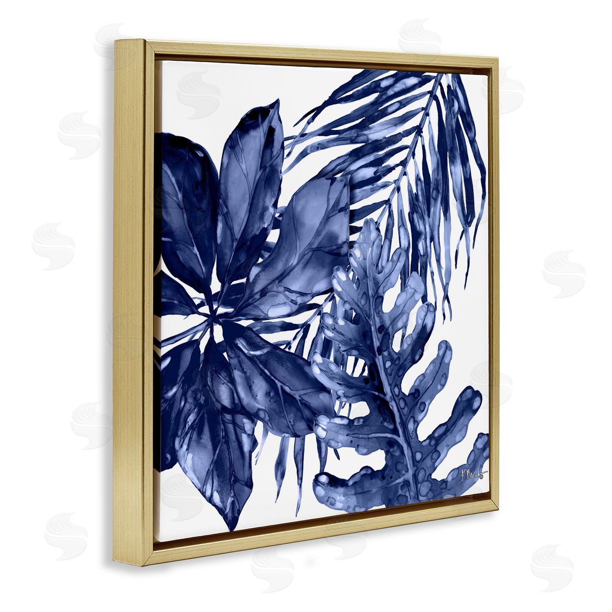 Blue Hued Plant Leaves Gold Floating Frame Canvas Wall Art, Home Decor by Paul Brent