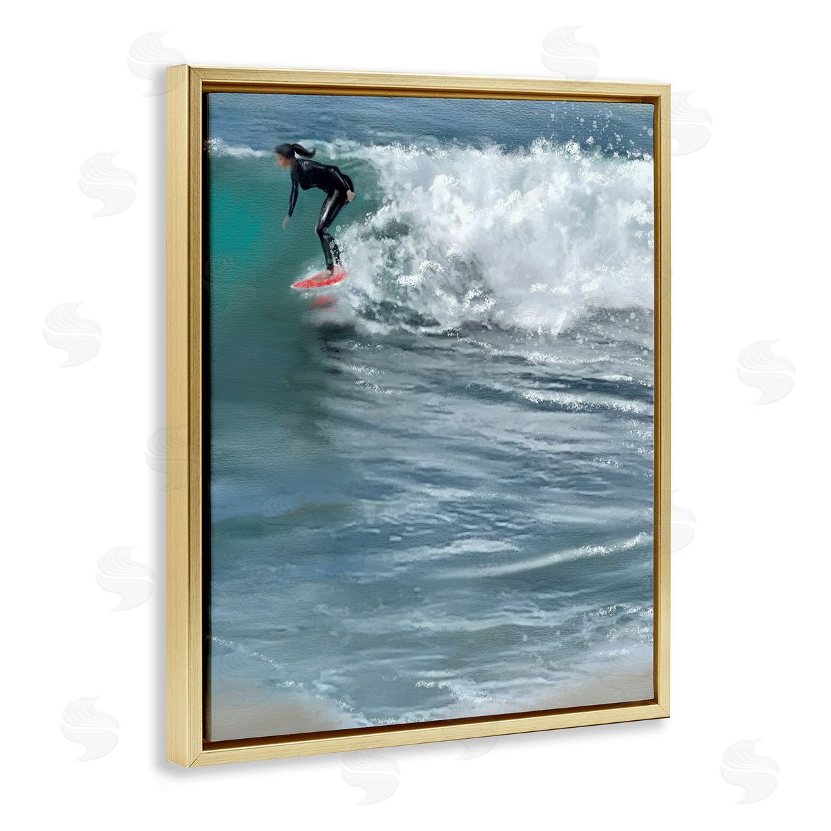 Cali Surfer Girl Gold Floating Frame Canvas Wall Art, Home Decor by Matthew Piotrowicz