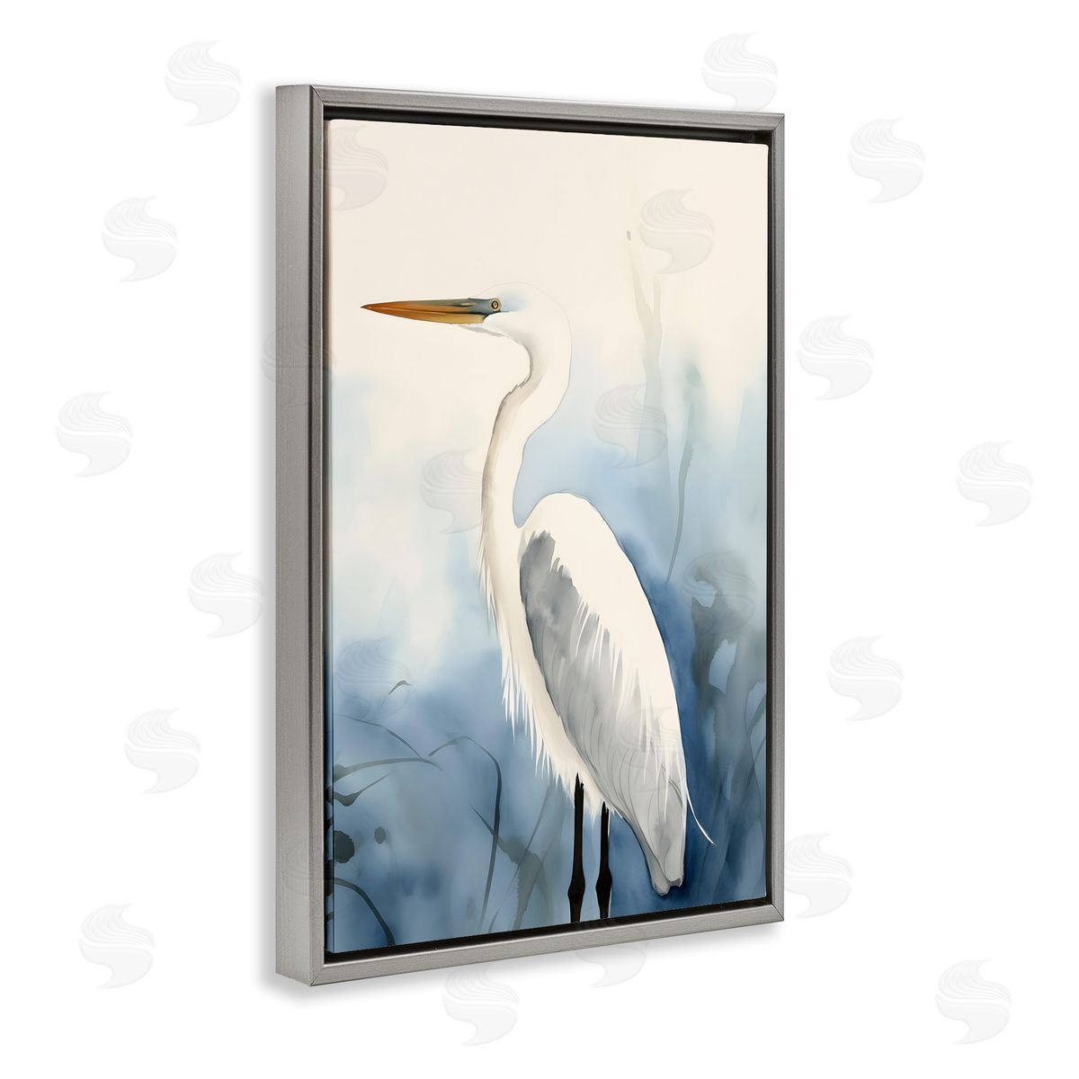 Egret Beach Bird Grey Floating Frame Canvas Wall Art, Home Decor by Petal Prints Design