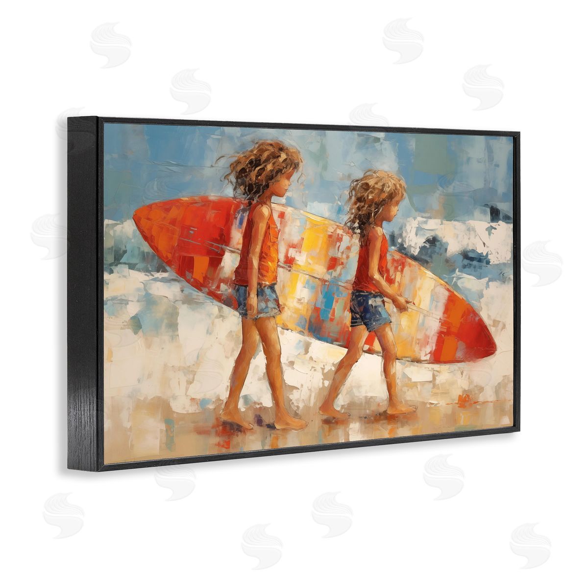Kids with Surfboard Black Frame Print Wall Art, Home Decor by Petal Prints Design