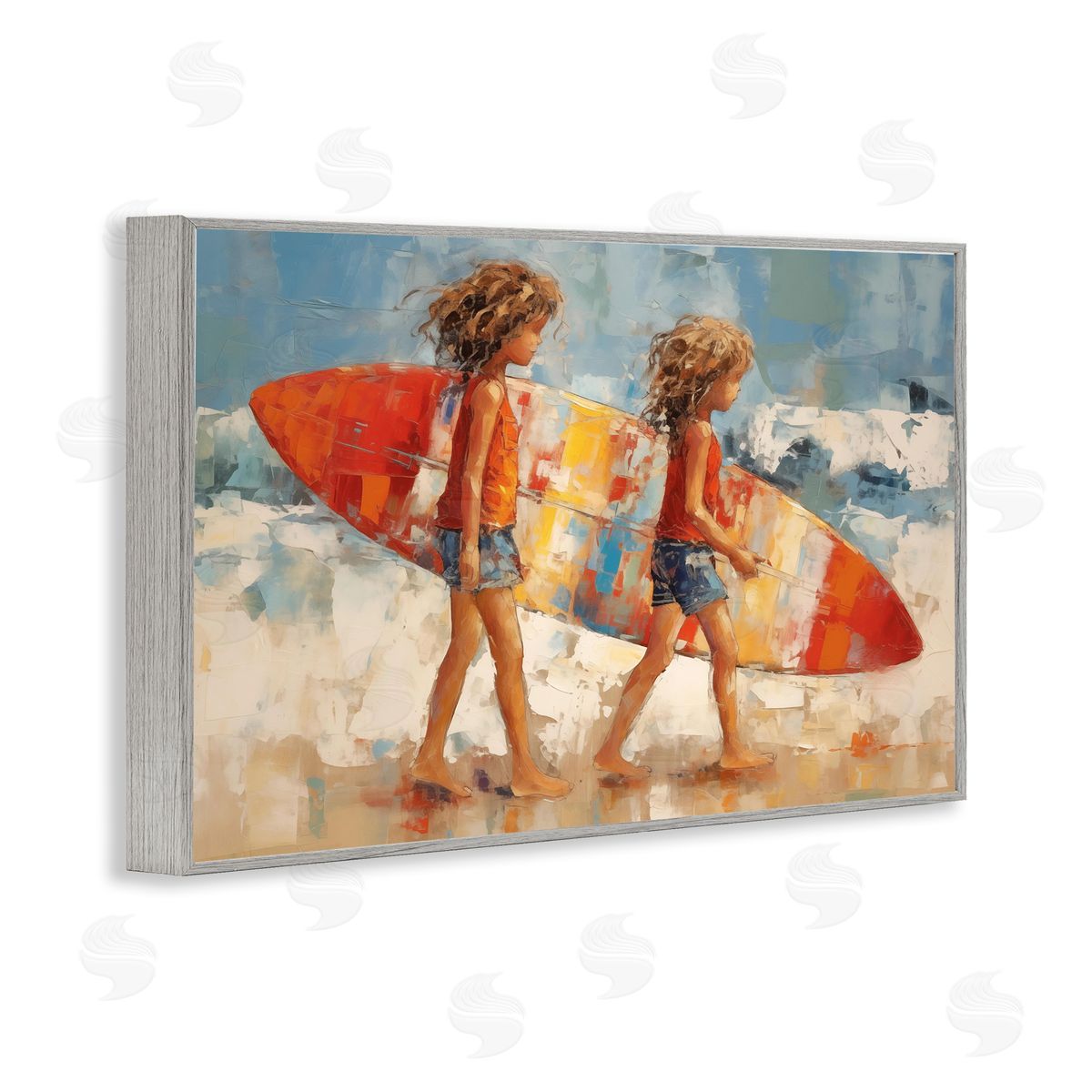 Kids with Surfboard Grey Frame Print Wall Art, Home Decor by Petal Prints Design