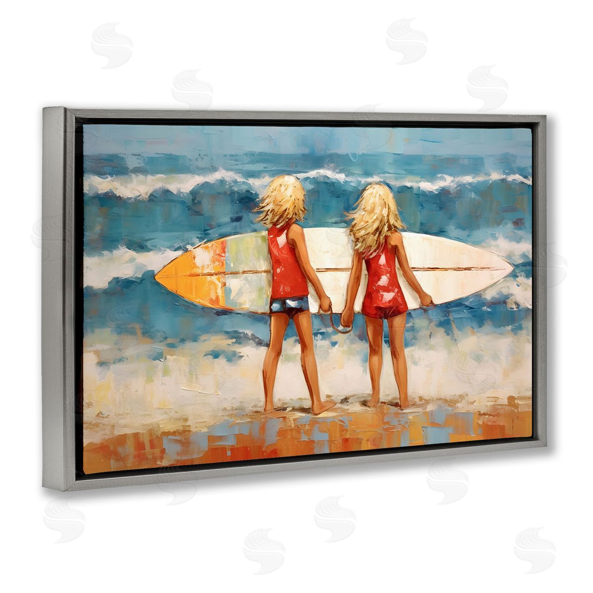 Petal Prints Design Siblings with Surfboard Gray Floating Frame Canvas Wall Art Print