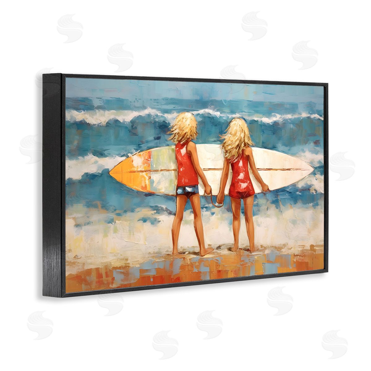 Petal Prints Design Siblings with Surfboard Black Framed Giclee Wall Art Print