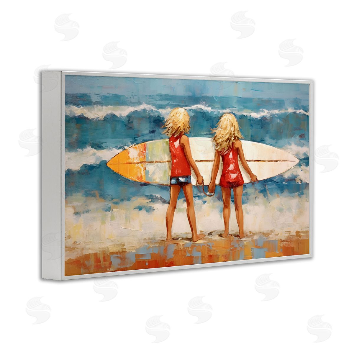 Petal Prints Design Siblings with Surfboard White Framed Giclee Wall Art Print