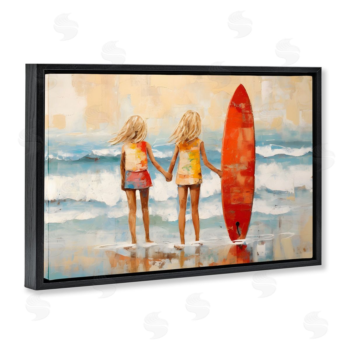 Petal Prints Design Kids & Beach Surfboard Black Floating Frame Canvas Wall Art Print