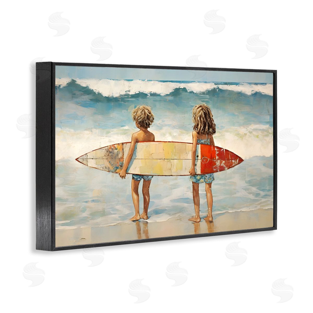 Petal Prints Design Kids with Surf Waves Black Framed Giclee Wall Art Print