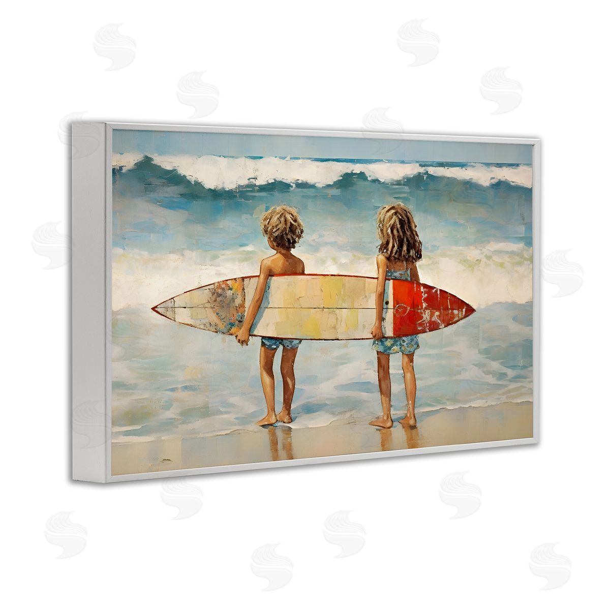 Petal Prints Design Kids with Surf Waves White Framed Giclee Wall Art Print