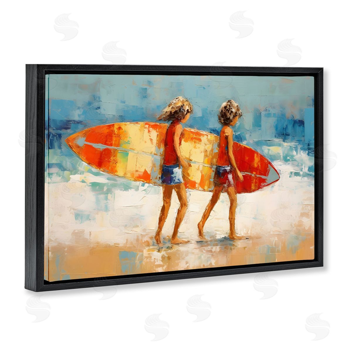 Petal Prints Design Kids Holding Surfboard Black Floating Frame Canvas Wall Art Print