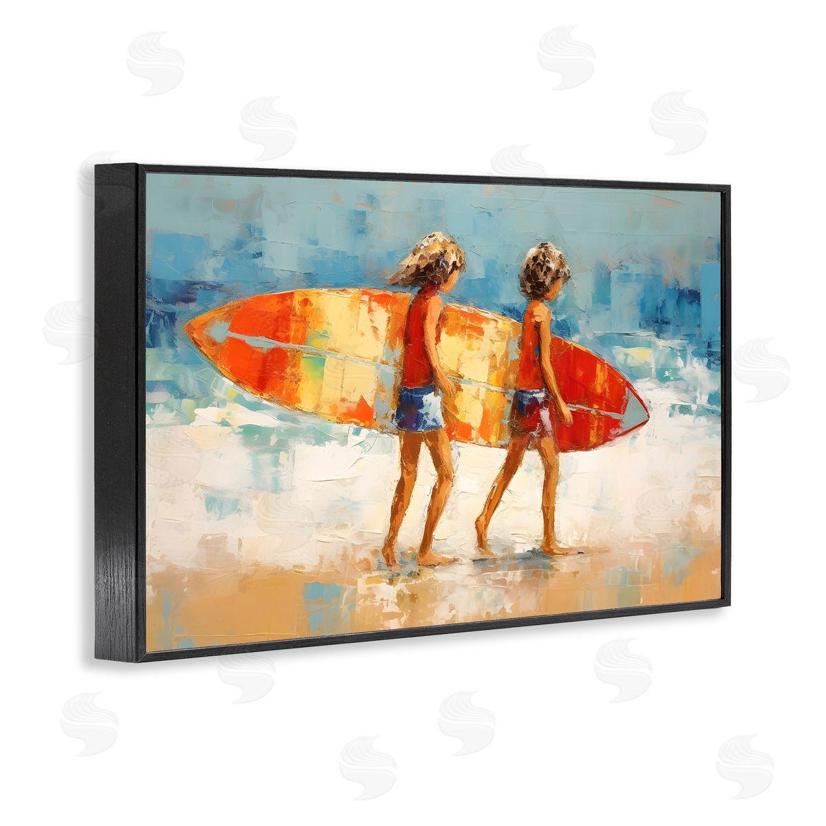 Petal Prints Design Kids Holding Surfboard Black Framed Giclee Wall Art Print