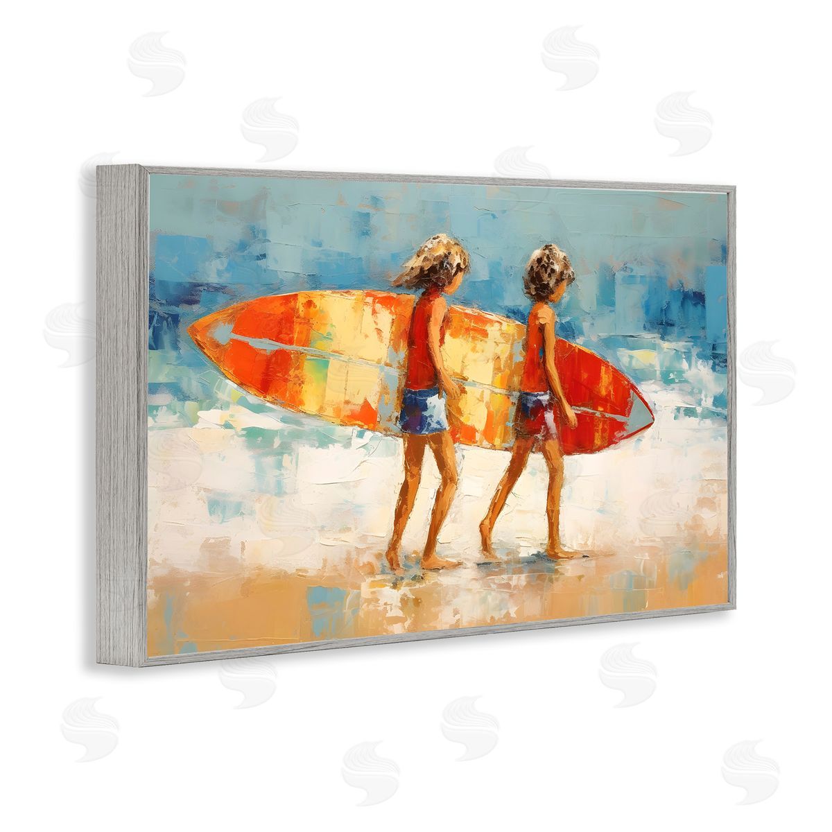 Petal Prints Design Kids Holding Surfboard Gray Framed Giclee Wall Art Print