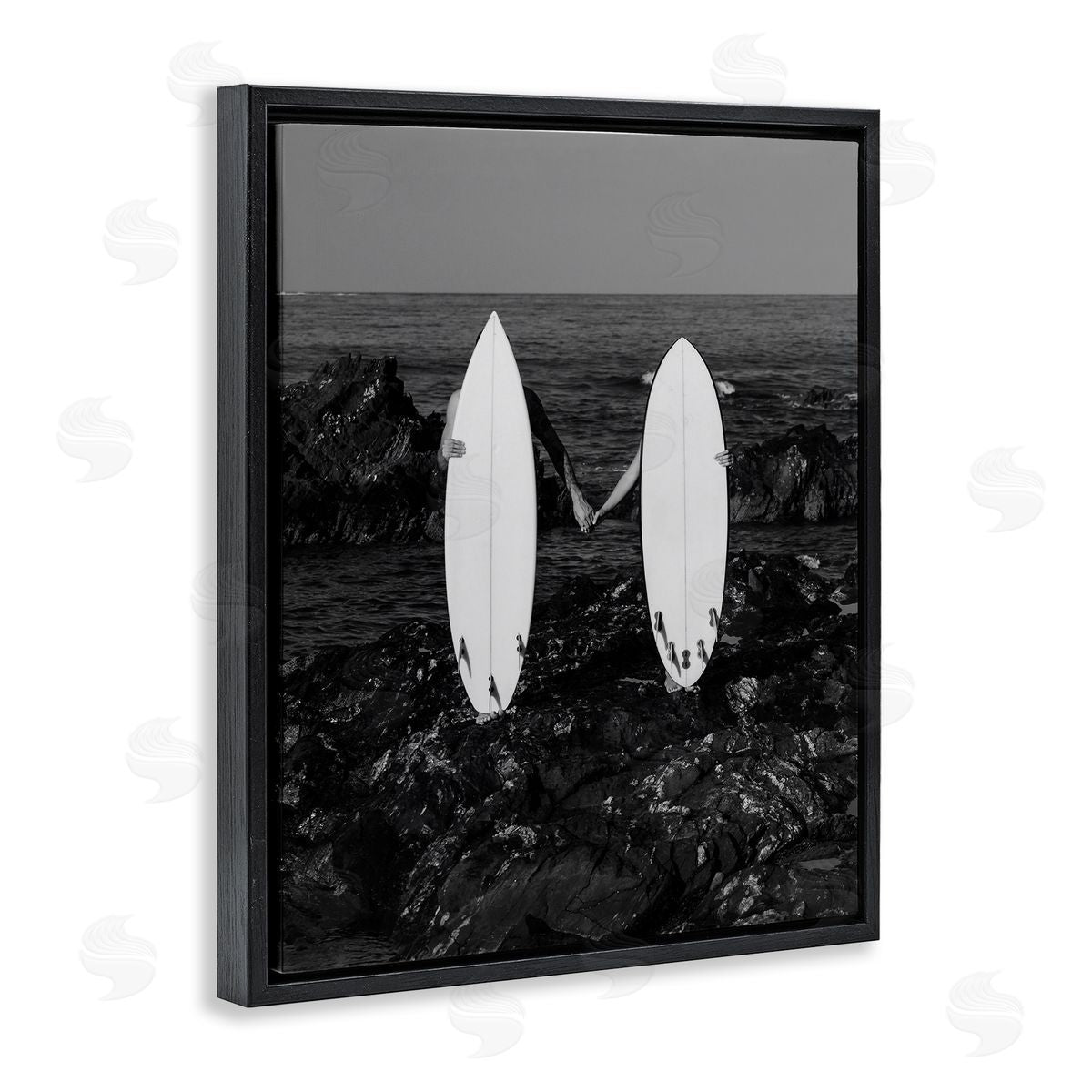 Romantic Surfer Couple Black Floating Frame Canvas Wall Art, Home Decor by Stupell Studio