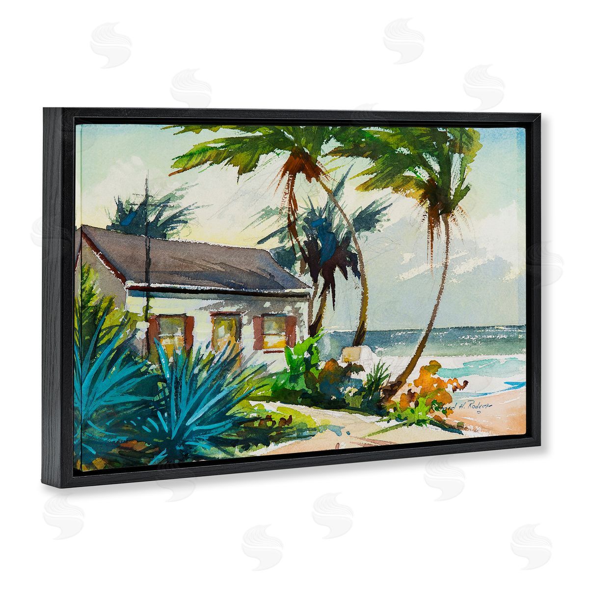 Richard A. Rodgers Windswept Palms Cottage Black Floating Frame Canvas Wall Art Print