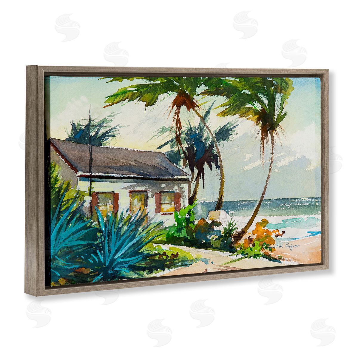 Richard A. Rodgers Windswept Palms Cottage Brown Floating Frame Canvas Wall Art Print