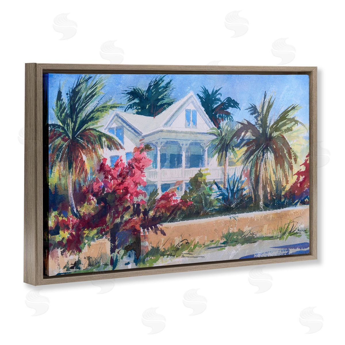 Palm Tree Cottage Brown Floating Frame Canvas Wall Art, Home Decor by Richard A. Rodgers
