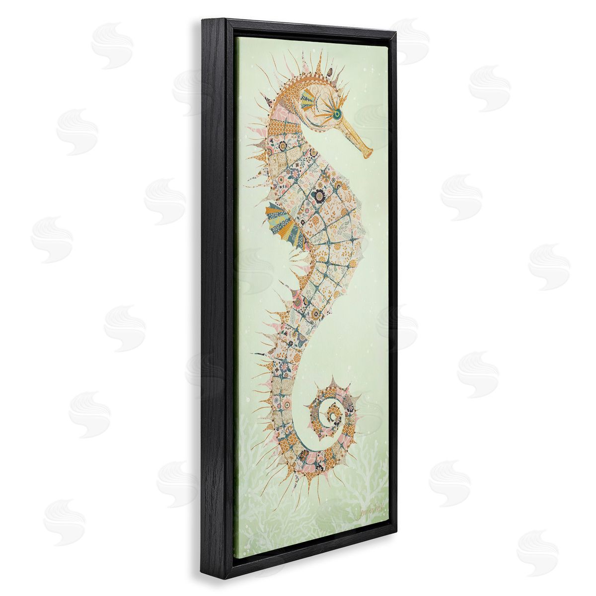 Patterned Spikey Seahorse Black Floating Frame Canvas Wall Art, Home Decor by Jennifer Peck