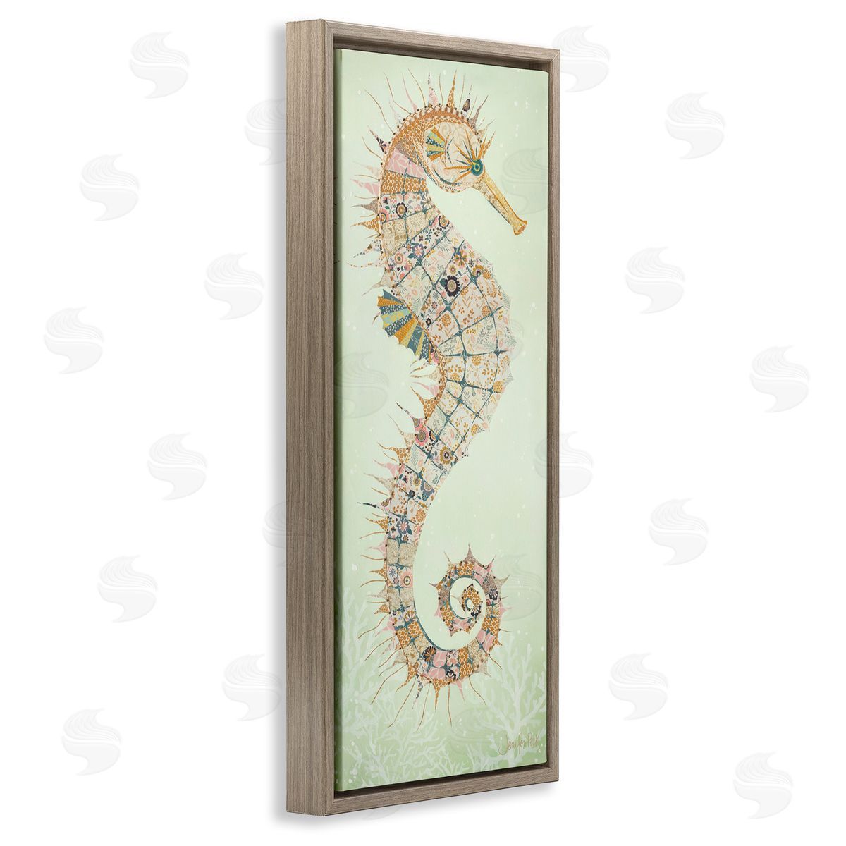 Patterned Spikey Seahorse Brown Floating Frame Canvas Wall Art, Home Decor by Jennifer Peck
