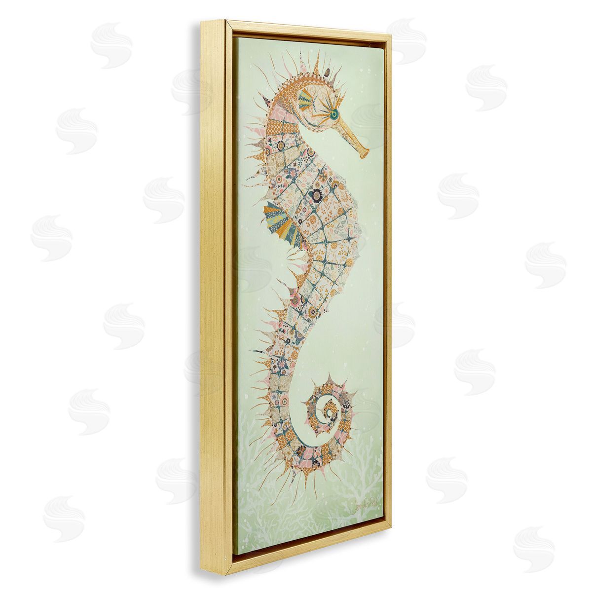 Patterned Spikey Seahorse Gold Floating Frame Canvas Wall Art, Home Decor by Jennifer Peck