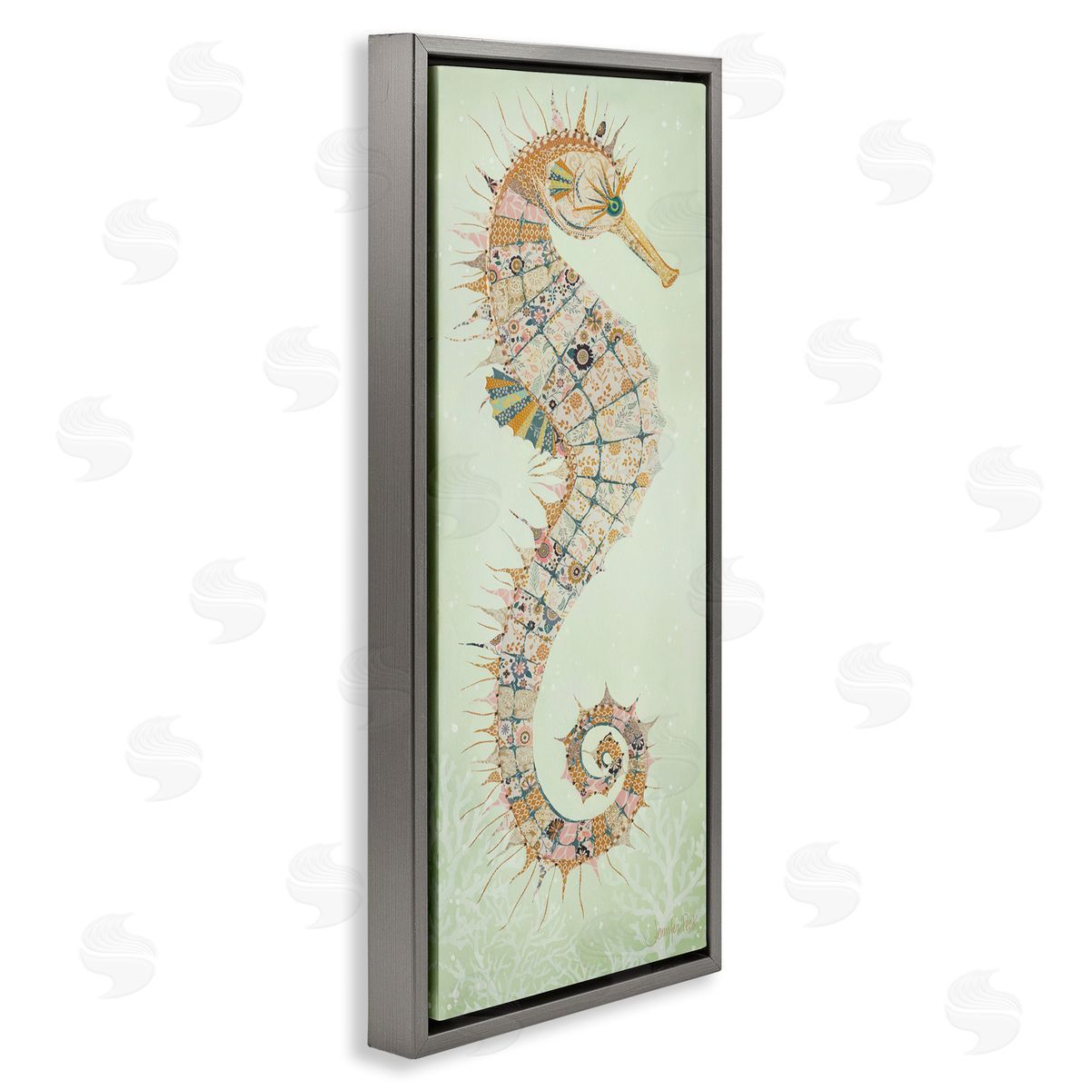 Patterned Spikey Seahorse Grey Floating Frame Canvas Wall Art, Home Decor by Jennifer Peck