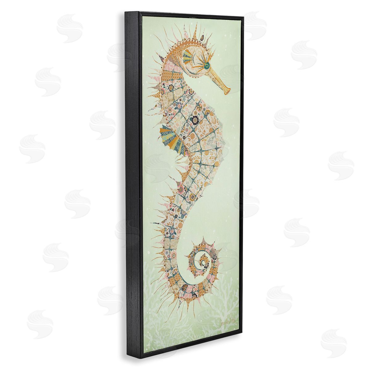 Patterned Spikey Seahorse Black Frame Print Wall Art, Home Decor by Jennifer Peck