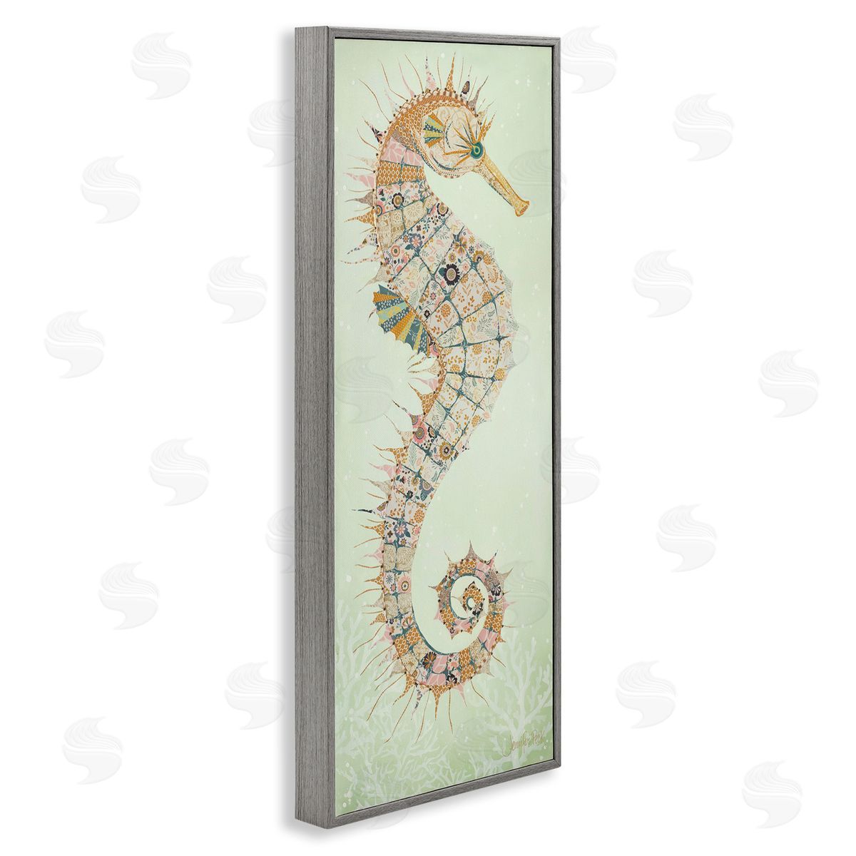Patterned Spikey Seahorse Grey Frame Print Wall Art, Home Decor by Jennifer Peck