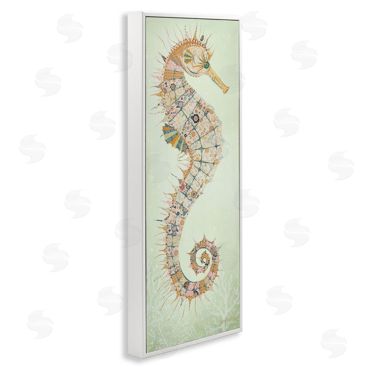 Patterned Spikey Seahorse White Frame Print Wall Art, Home Decor by Jennifer Peck