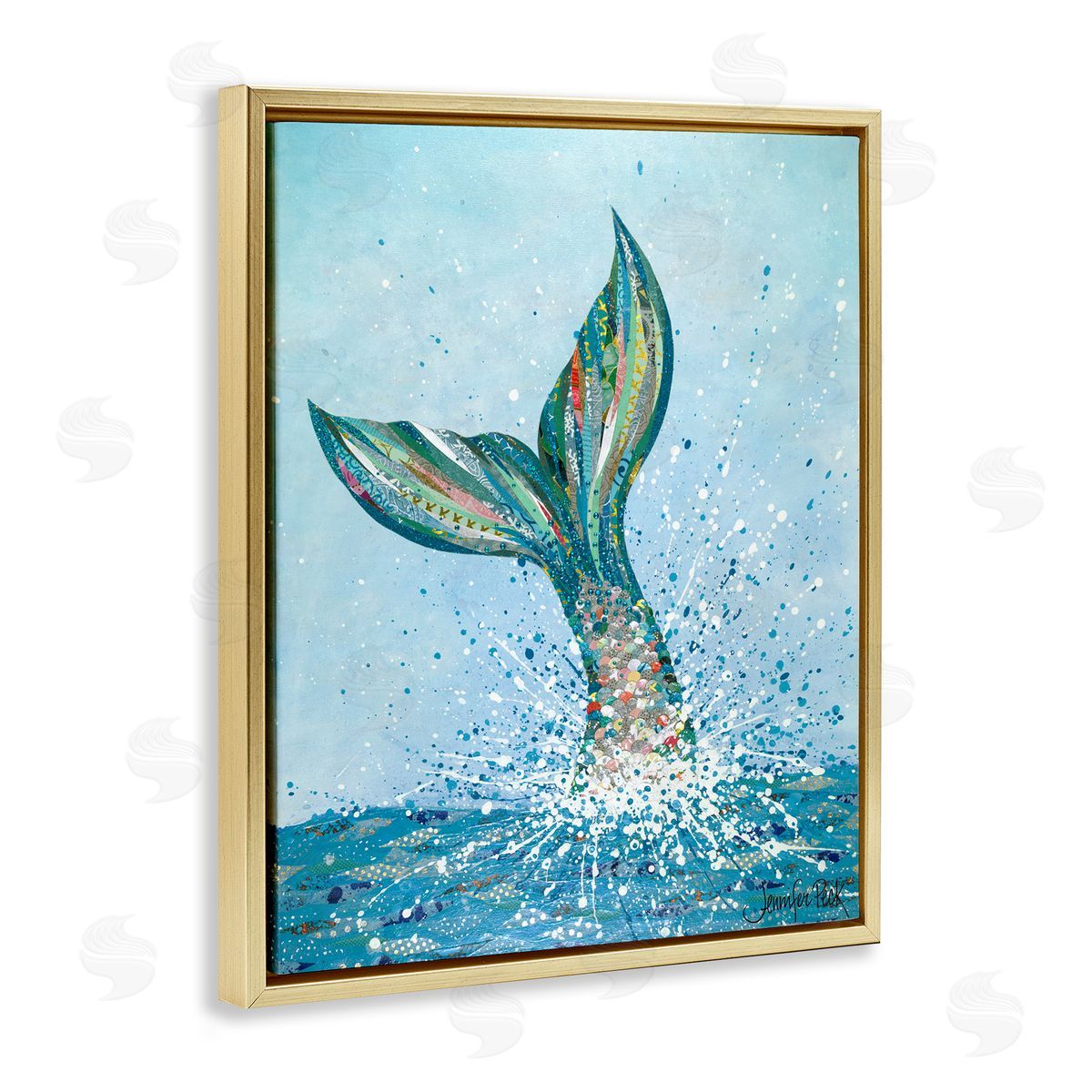 Diving Mermaid Tail Gold Floating Frame Canvas Wall Art, Home Decor by Jennifer Peck