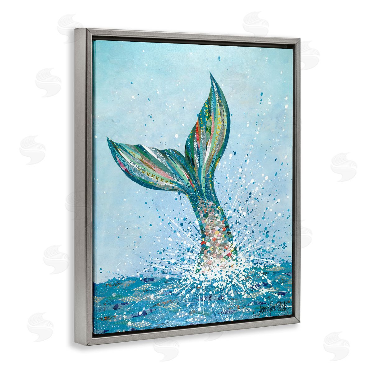 Diving Mermaid Tail Grey Floating Frame Canvas Wall Art, Home Decor by Jennifer Peck