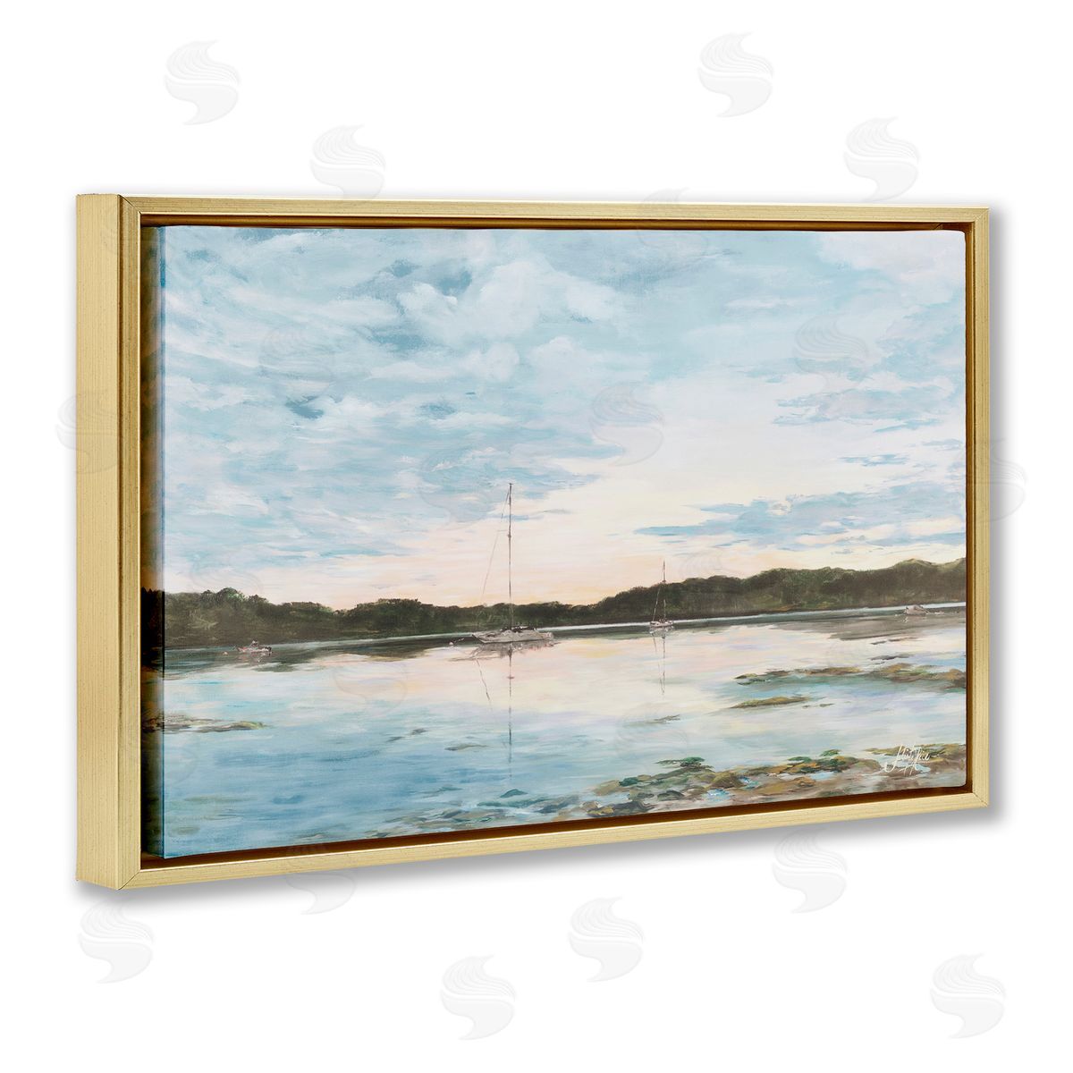 Quiet Day on Lake Gold Floating Frame Canvas Wall Art, Home Decor by Julie DeRice