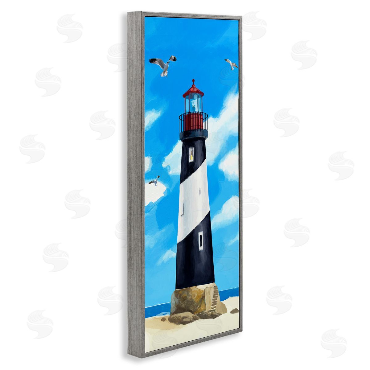 Lighthouse on Beach Grey Frame Print Wall Art, Home Decor by Lucca Sheppard