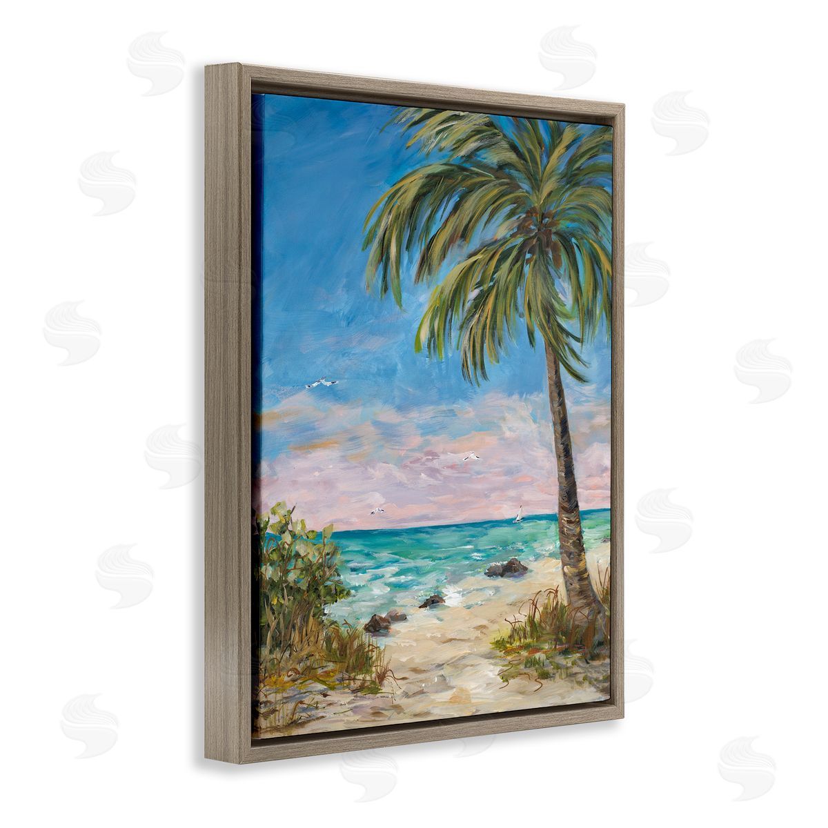 By the Single Palm Brown Floating Frame Canvas Wall Art, Home Decor by Julie Derice