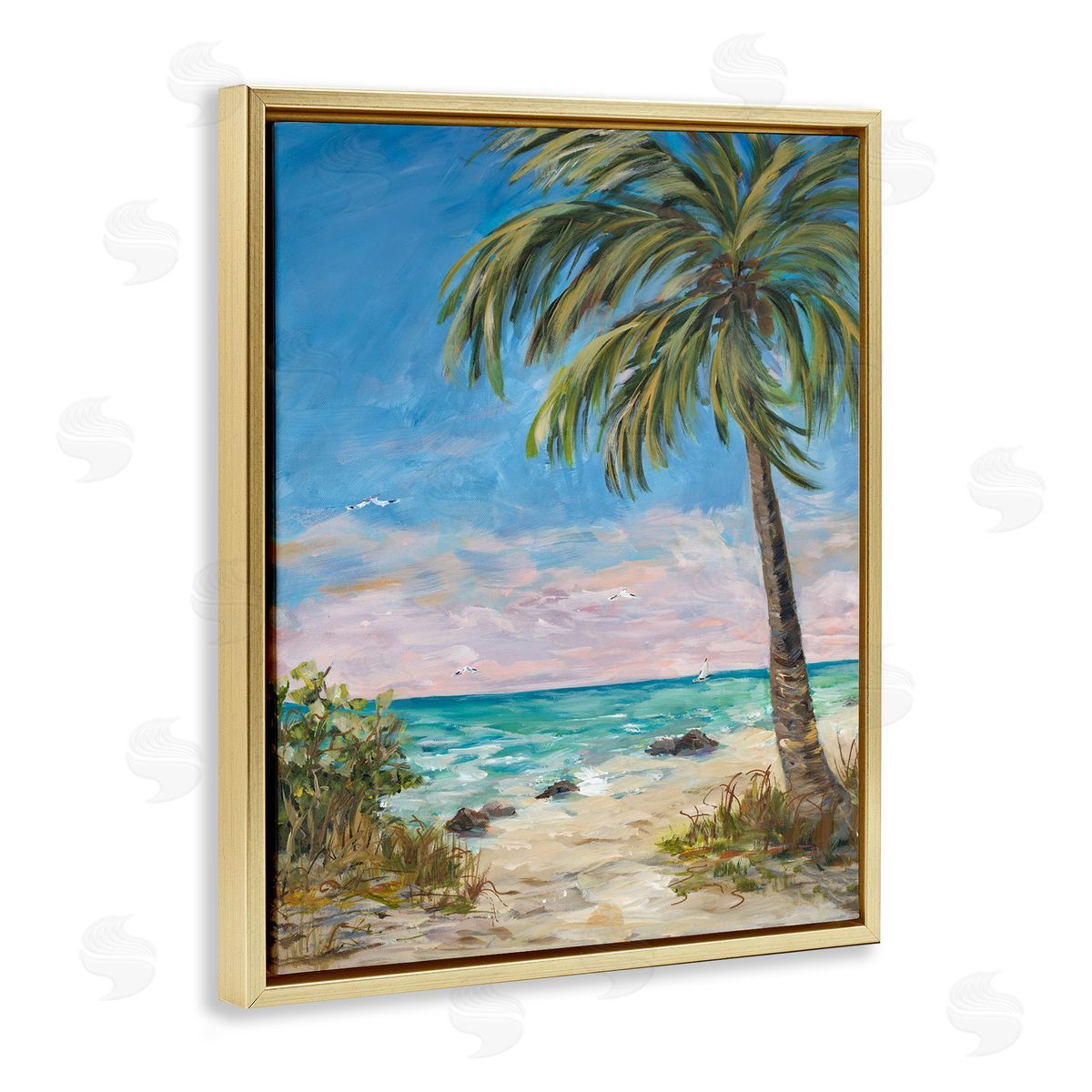 By the Single Palm Gold Floating Frame Canvas Wall Art, Home Decor by Julie Derice