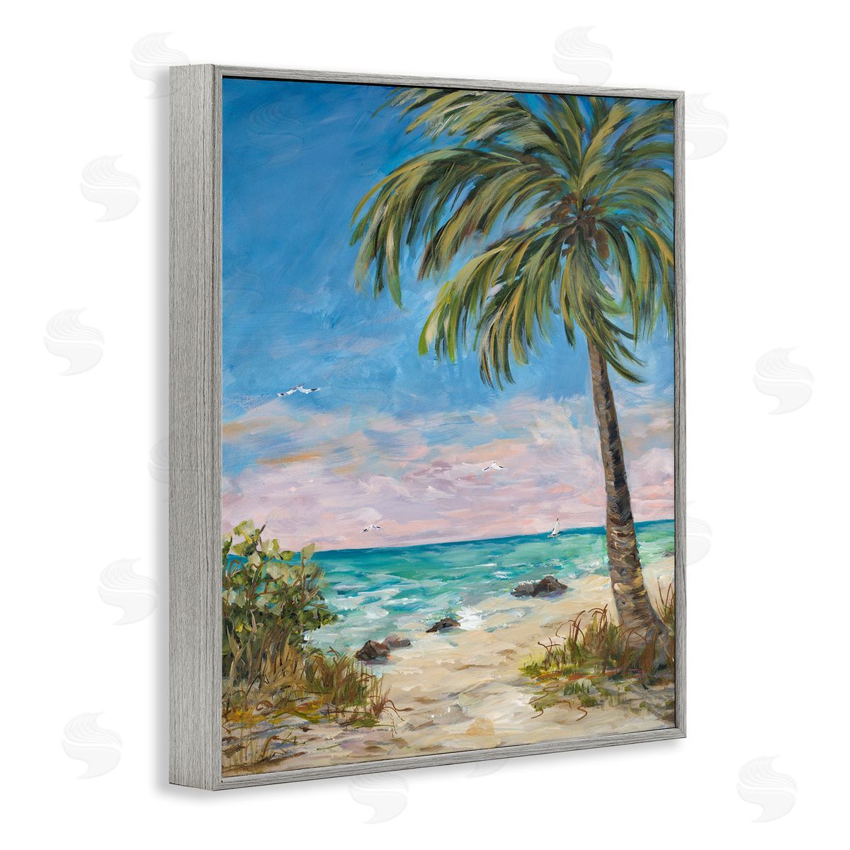 By the Single Palm Grey Frame Print Wall Art, Home Decor by Julie Derice