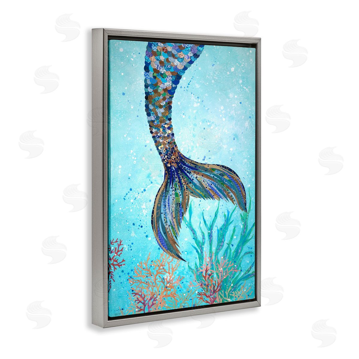 Tall Tails Mermaid Grey Floating Frame Canvas Wall Art, Home Decor by Jennifer Peck