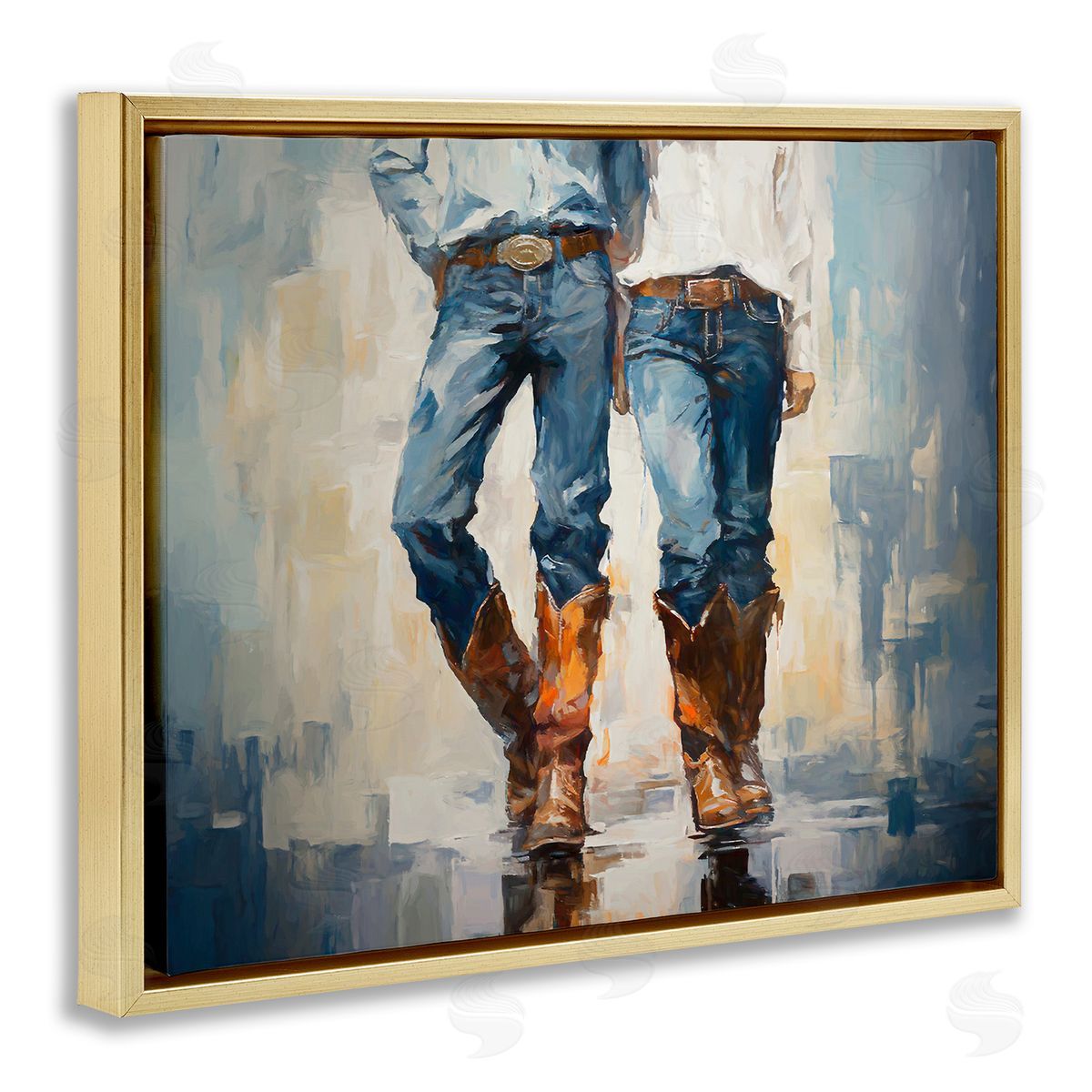 Cowboy and Cowgirl Couple Gold Floating Frame Canvas Wall Art, Home Decor by Ramona Murdock