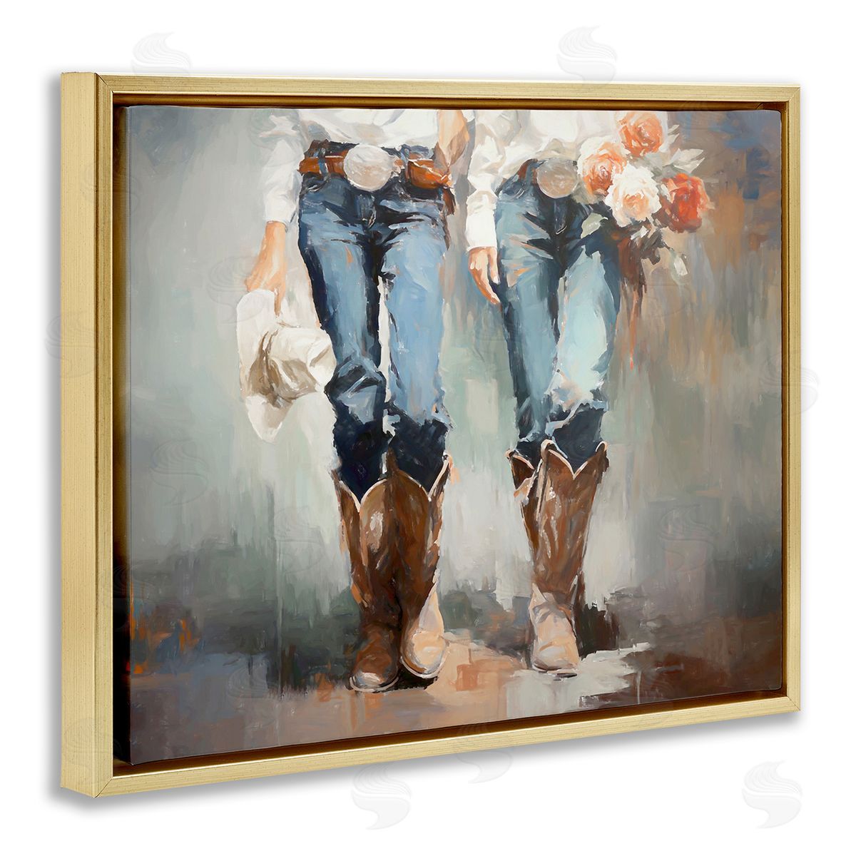Floral Cowgirl Pair Gold Floating Frame Canvas Wall Art, Home Decor by Ramona Murdock