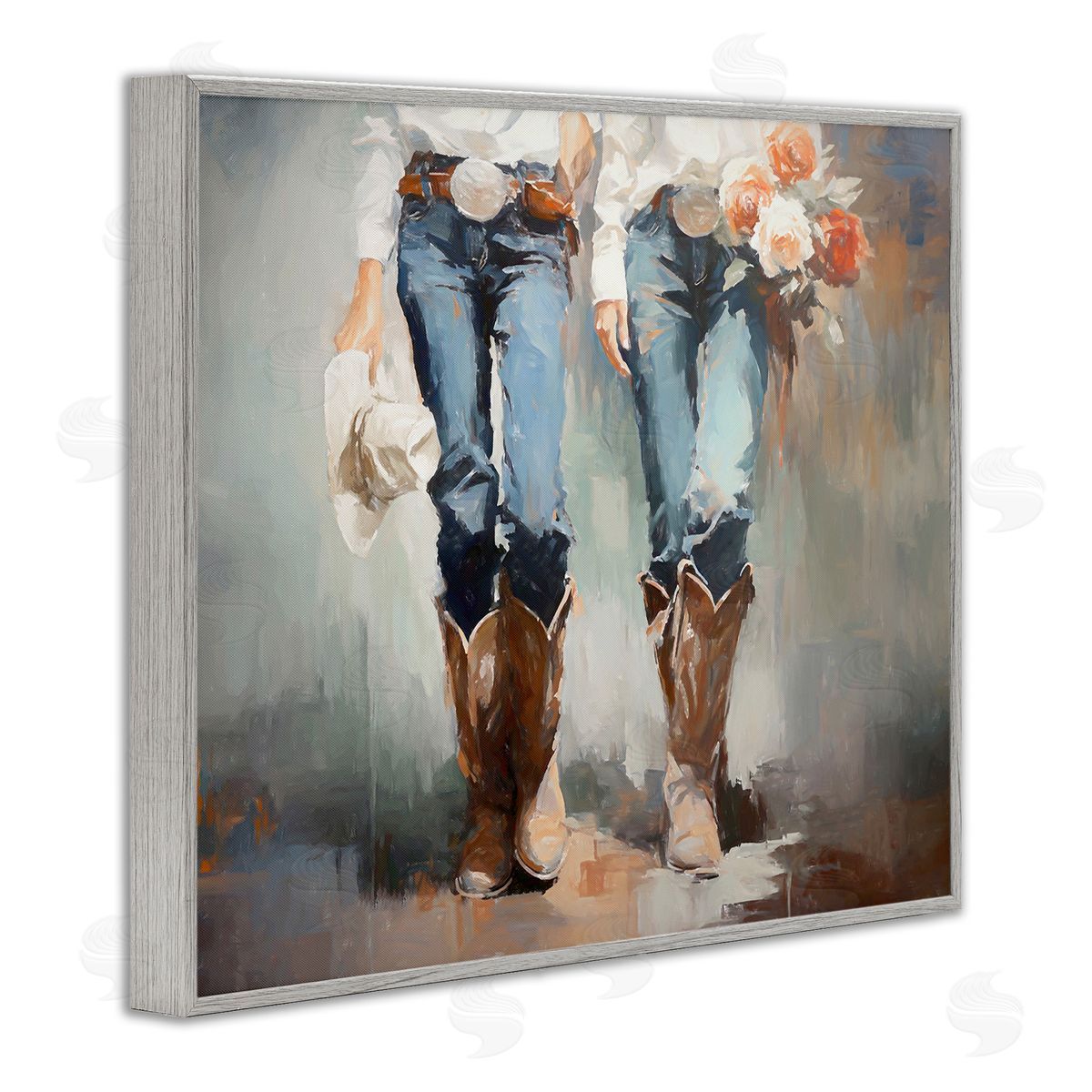 Floral Cowgirl Pair Grey Frame Print Wall Art, Home Decor by Ramona Murdock