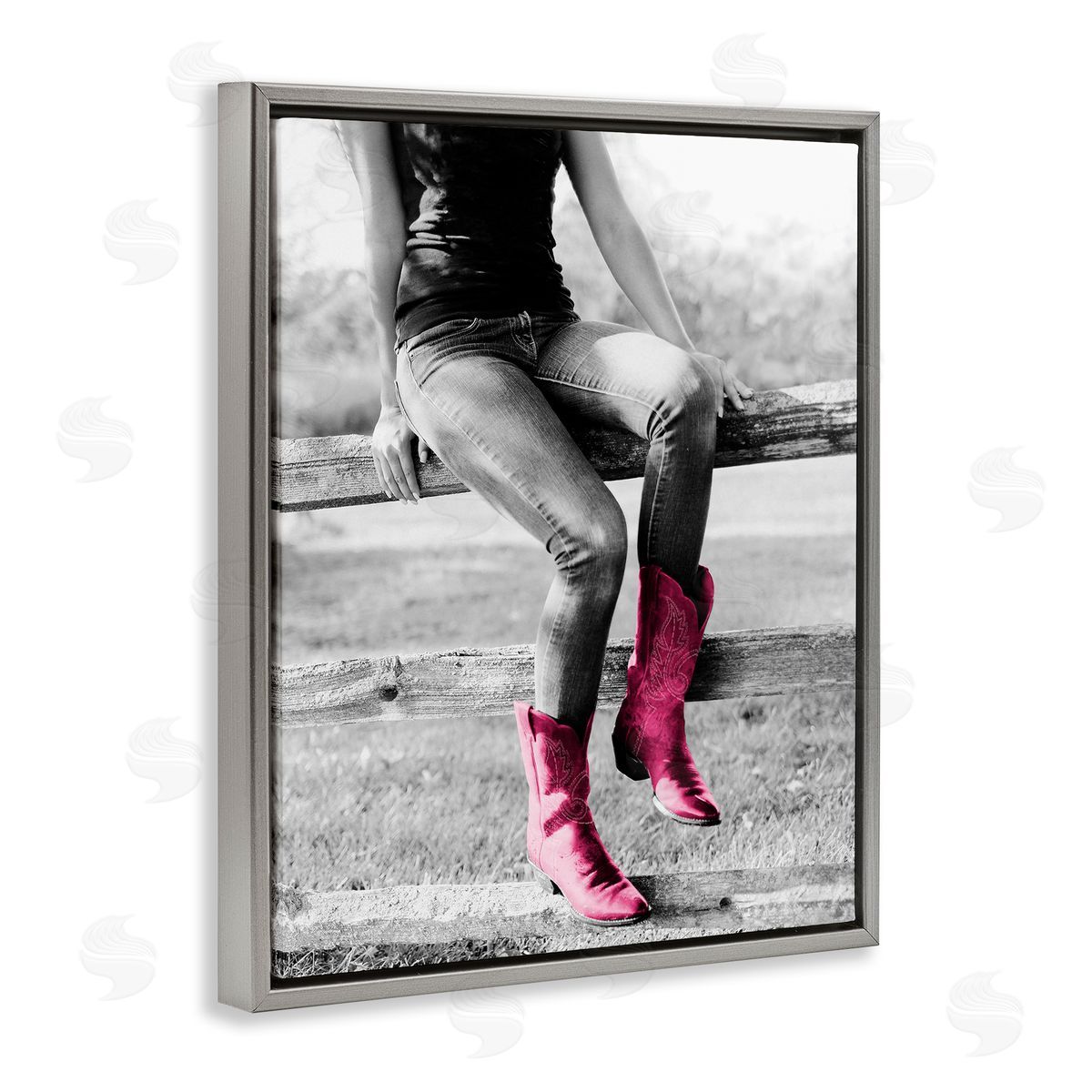 Glam Cowgirl in Boots Grey Floating Frame Canvas Wall Art, Home Decor by Sd Graphics Studio