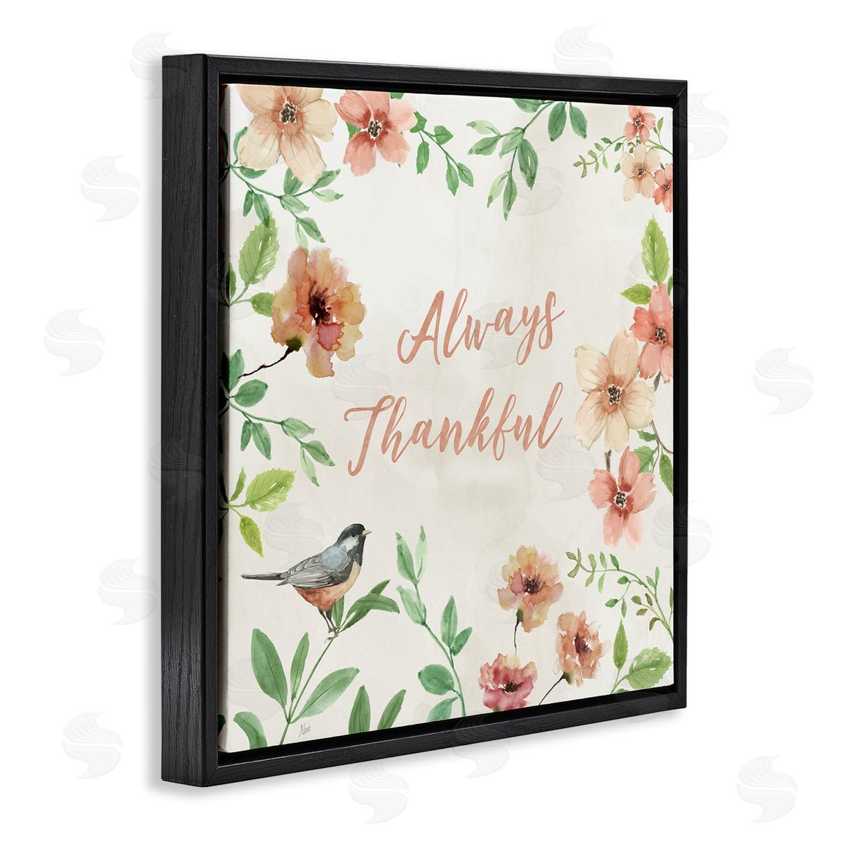 Always Thankful Floral Black Floating Frame Canvas Wall Art, Home Decor by Nan