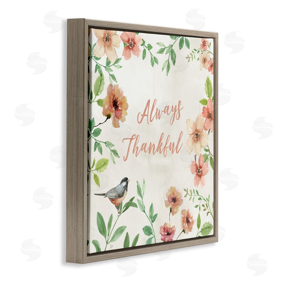Always Thankful Floral Brown Floating Frame Canvas Wall Art, Home Decor by Nan
