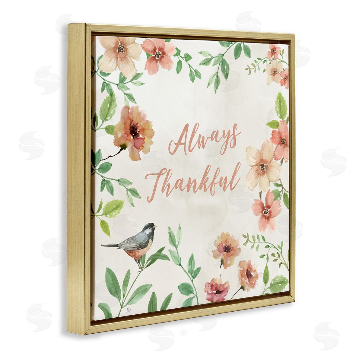 Always Thankful Floral Gold Floating Frame Canvas Wall Art, Home Decor by Nan